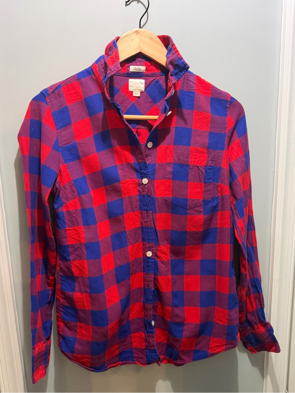 J. Crew Red and Blue Buffalo “Boy Fit” Plaid Button-Down Shirt XS